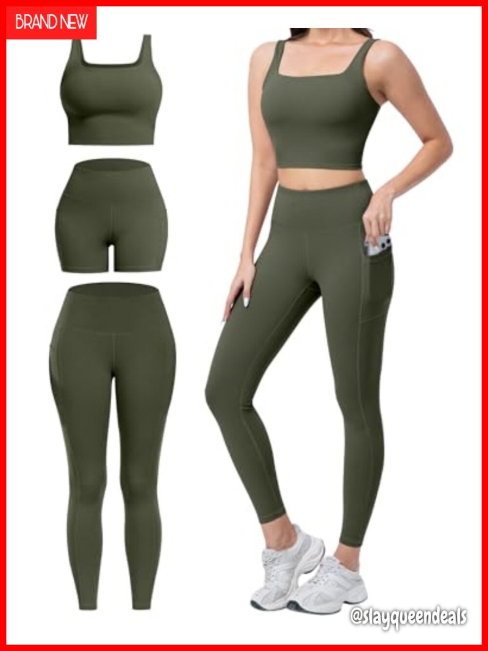 3 Piece Workout Set High Waisted Leggings Biker Shorts Sports Bra